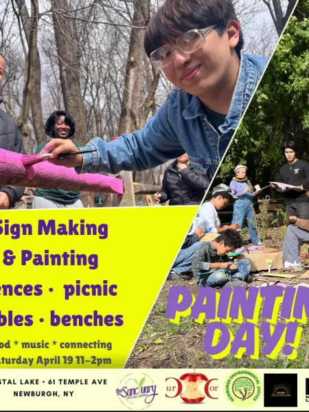 A flyer promoting a "Sign Making & Painting" event at Crystal Lake on Saturday, April 19th, featuring food, music, and connecting activities.  The flyer shows various people engaged in painting and sign-making activities at Sanctuary Gardens, Newburgh 